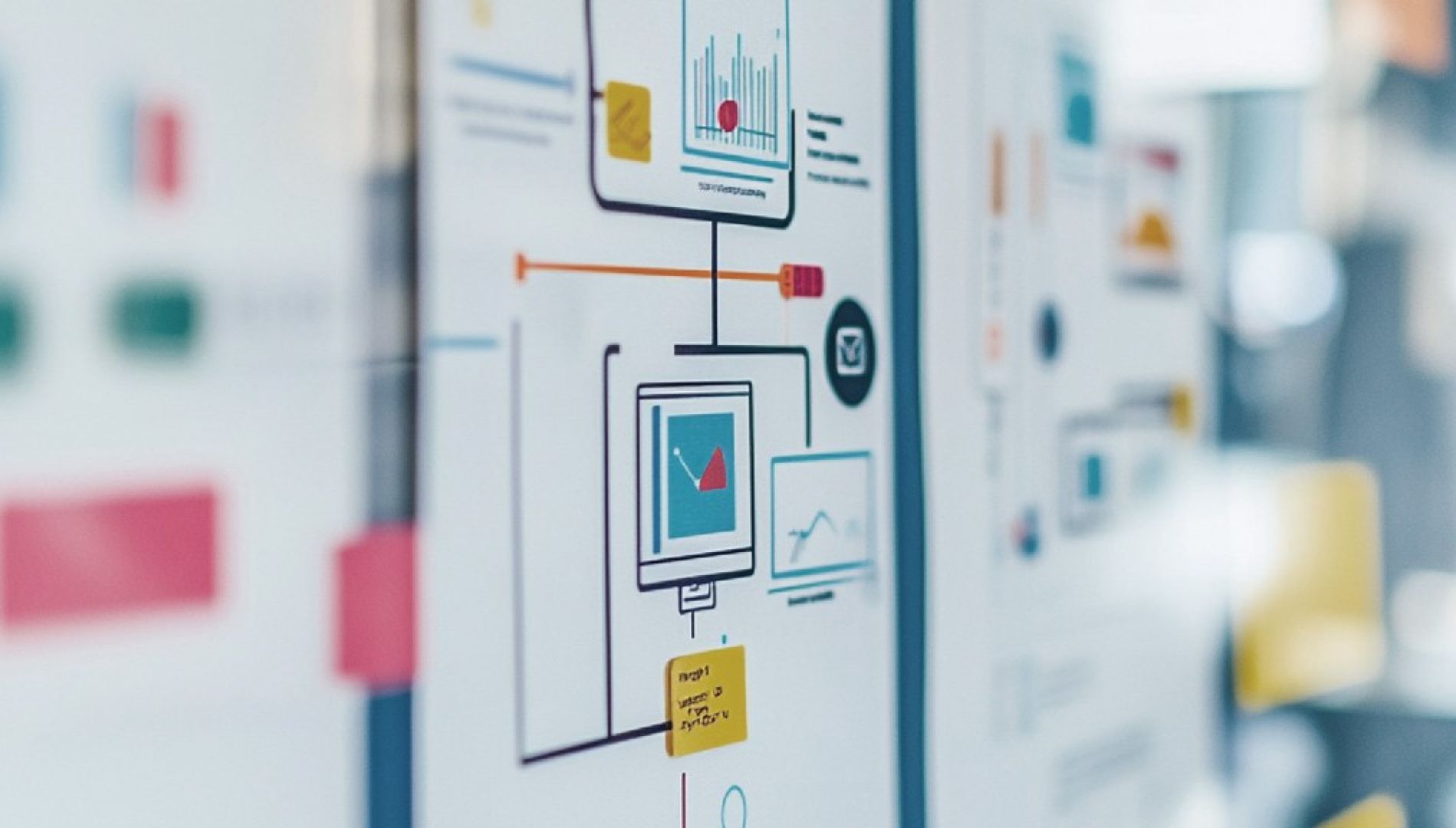 Whiteboard mit Wireframes und Sticky Notes: Website-Struktur und CMS-Entscheidung wird geplant.