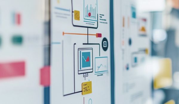 Whiteboard mit Wireframes und Sticky Notes: Website-Struktur und CMS-Entscheidung wird geplant.