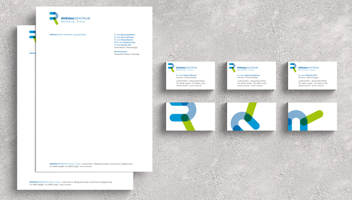 Geschäftsausstattung für Rheumazentrum Bad Aibling, Altötting und München – Visitenkarten und Briefpapier
