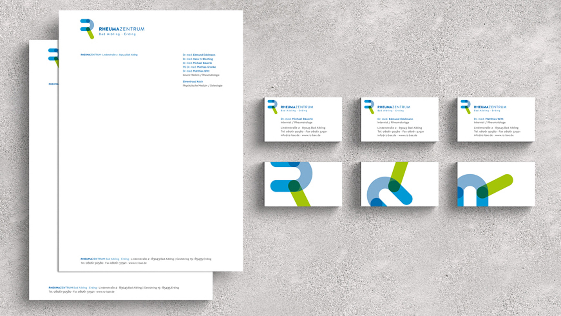 Geschäftsausstattung für Rheumazentrum Bad Aibling, Altötting und München – Visitenkarten und Briefpapier