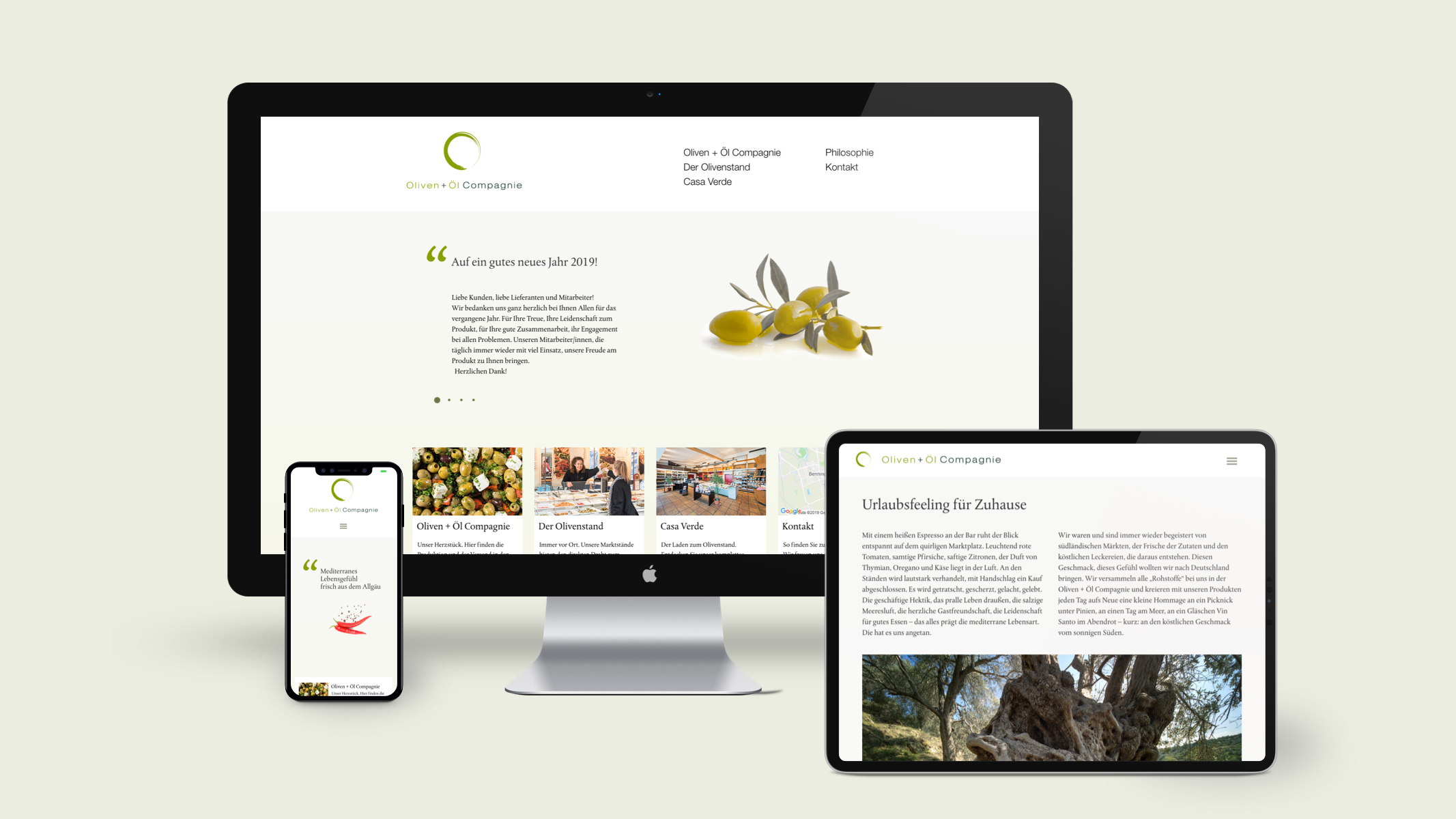 Responsiver Internetauftritt mit TYPO3 CMS und Coporate Design für die Oliven + Öl Compagnie aus Memmingen von der Designagentur das formt aus München